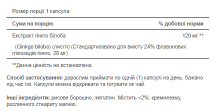 Ginkgo Biloba Standardized Extract 120mg - 200caps (Гінкго Білоба) - 64 - Molodo