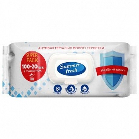 Вологі серветки для дітей Summer Fresh з клапаном антибактеріальні без спирту 120 шт - 60 - Molodo