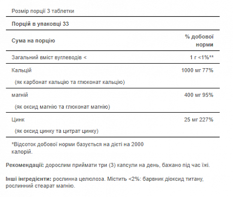 Calcium Magnesium Zinc - 100 caps (Кальцій Магній Цинк) - 66 - Molodo