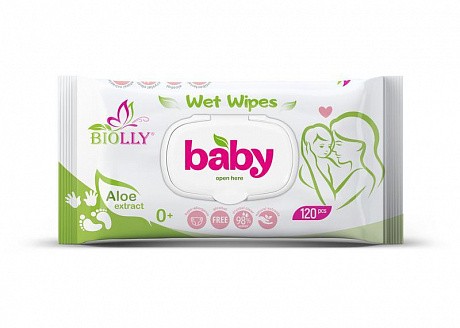Вологі серветки BIOLLY для дітей 120 шт. з кришкою (щільність 32 г / м2) - 58 - Molodo